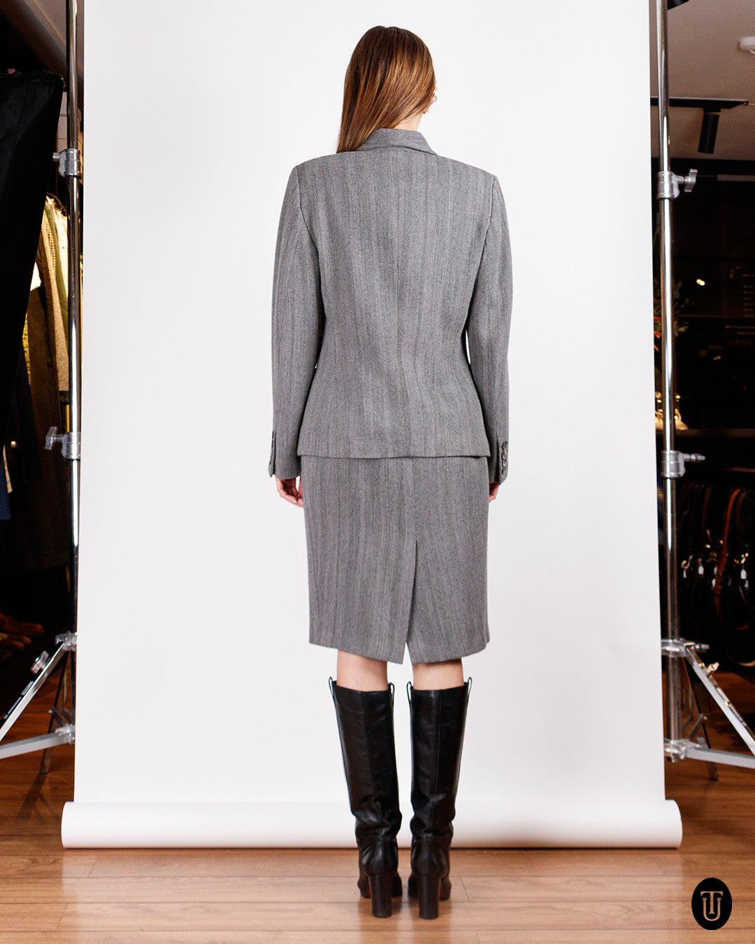 1990s Jil Sander Grey Herringbone Skirt Suit M