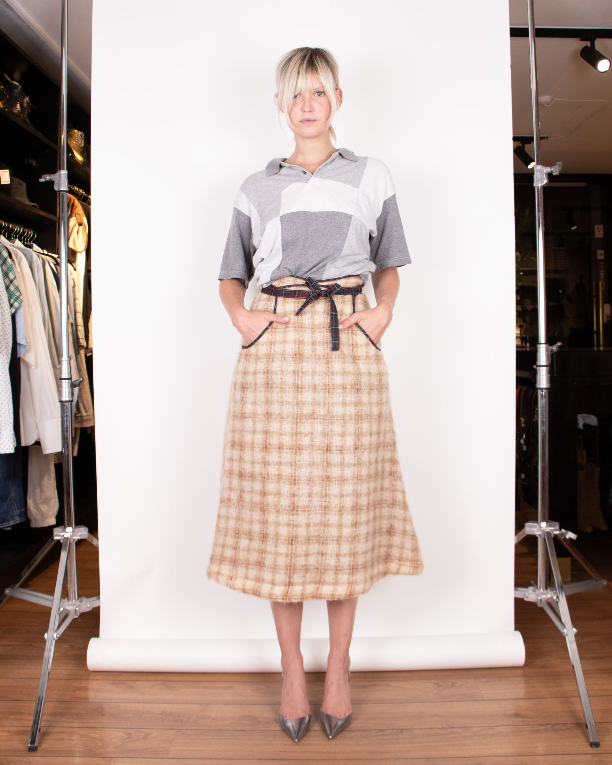 1970s Kenzo Checkered Knitted Wool A-Line Skirt S