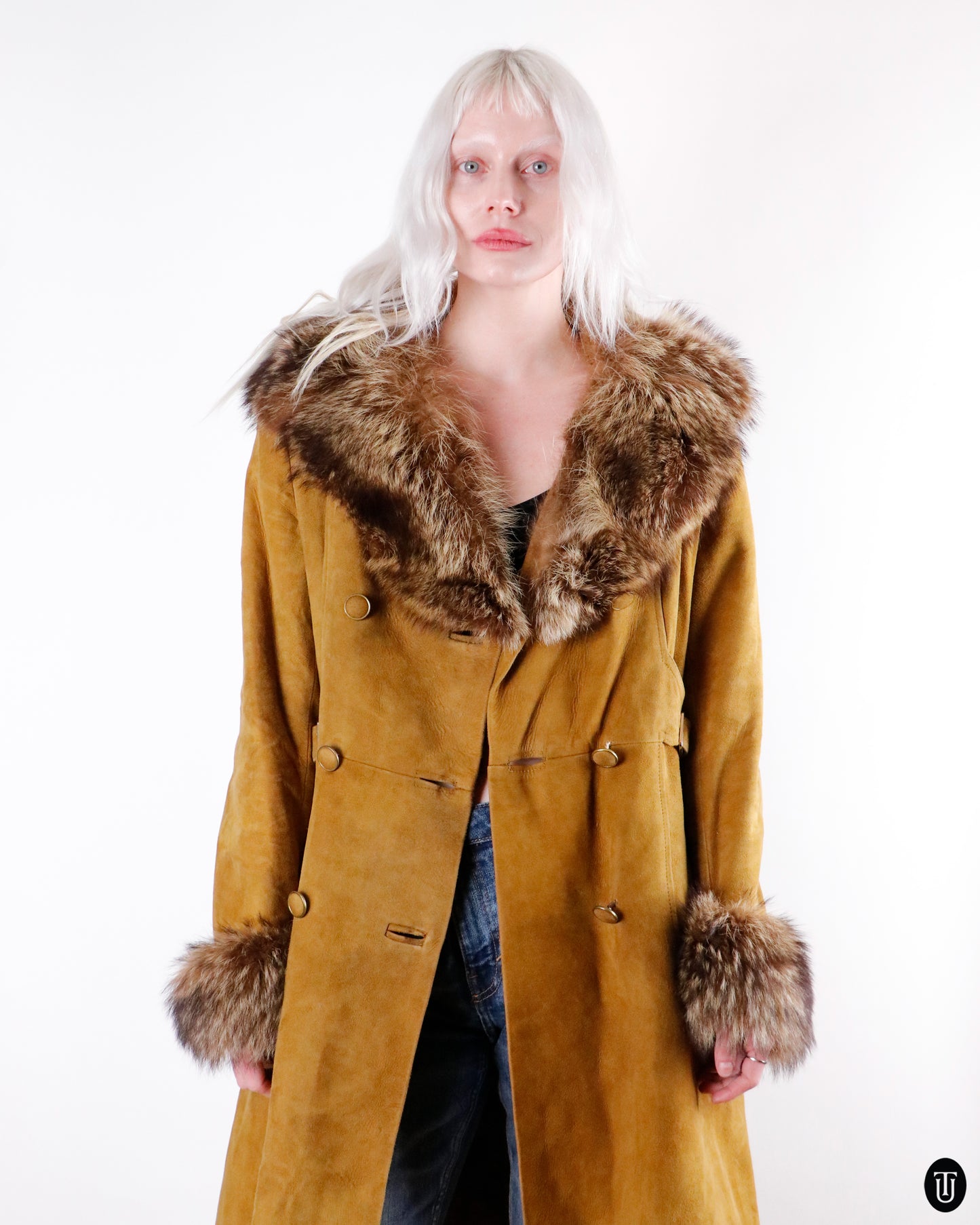 70's A.C Bang Suede & Fox Fur Coat M