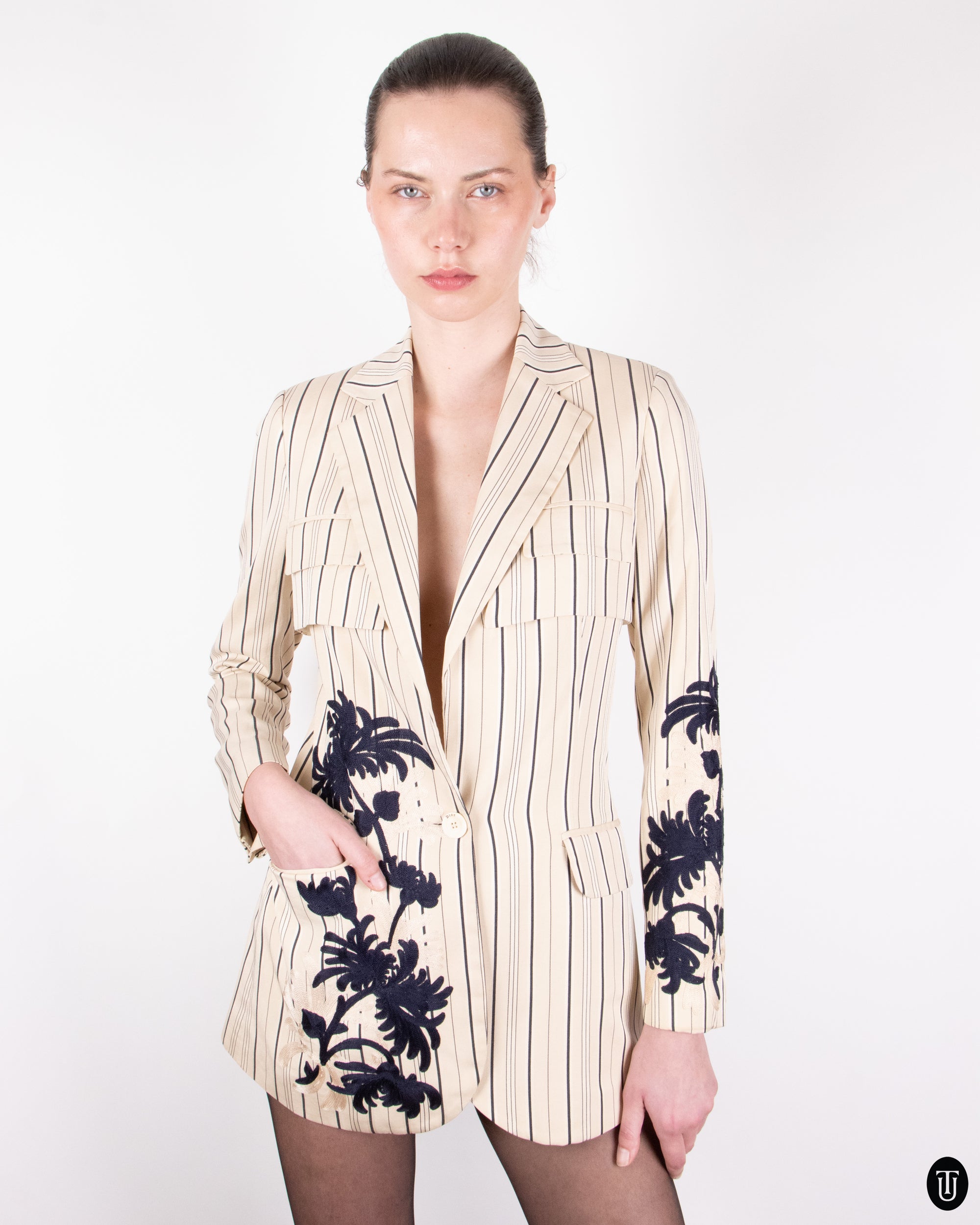 00s Christian Dior Pinstripe and Embroidered Blazer S