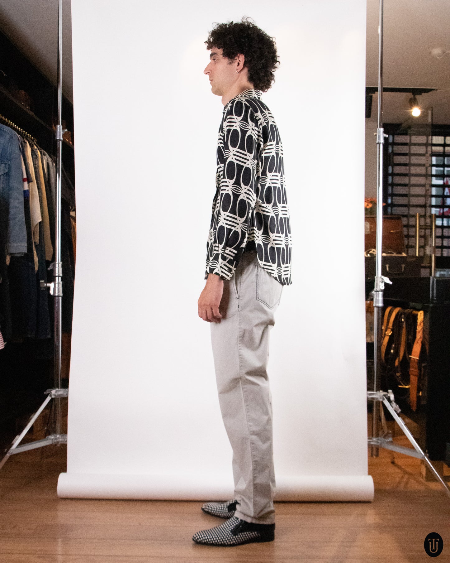 70's Gucci Horse-Buckle Print Silk Shirt L