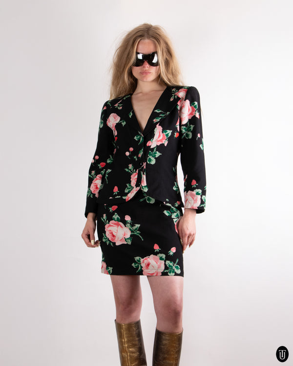 80's Ungaro Rose Print Skirt Suit S