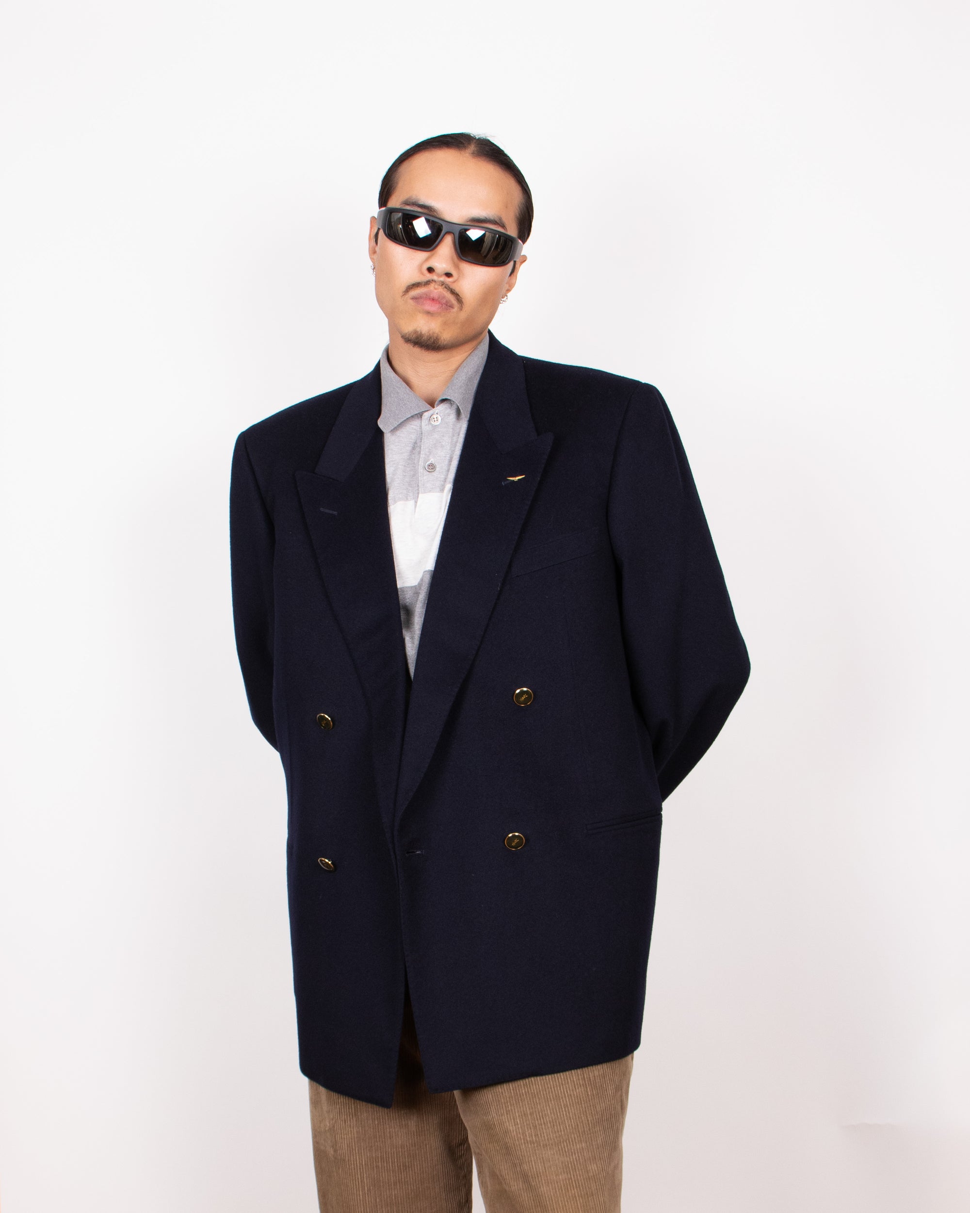 EF YSL mens navy wool double breasted blazer with flight pin