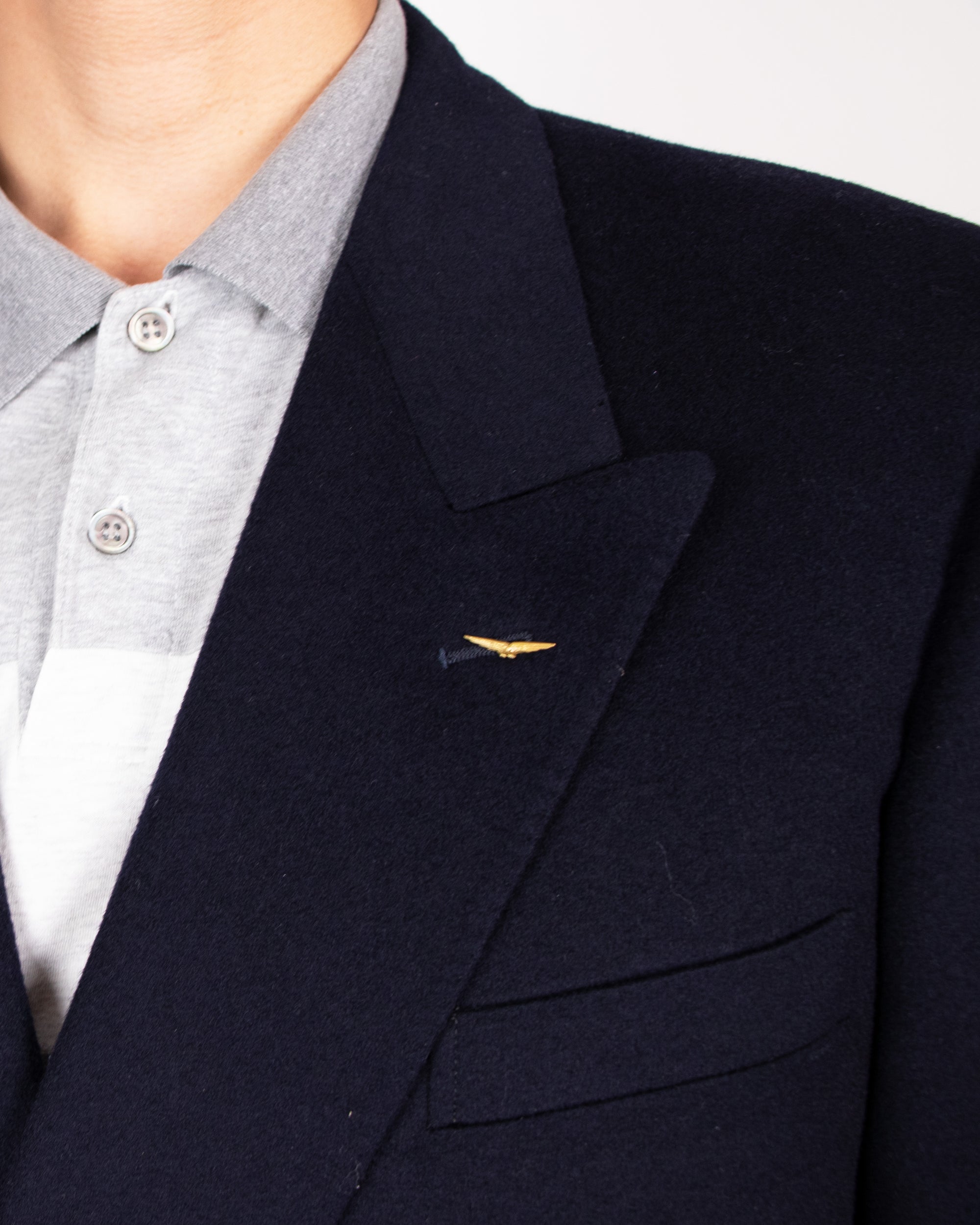 EF YSL mens navy wool double breasted blazer with flight pin