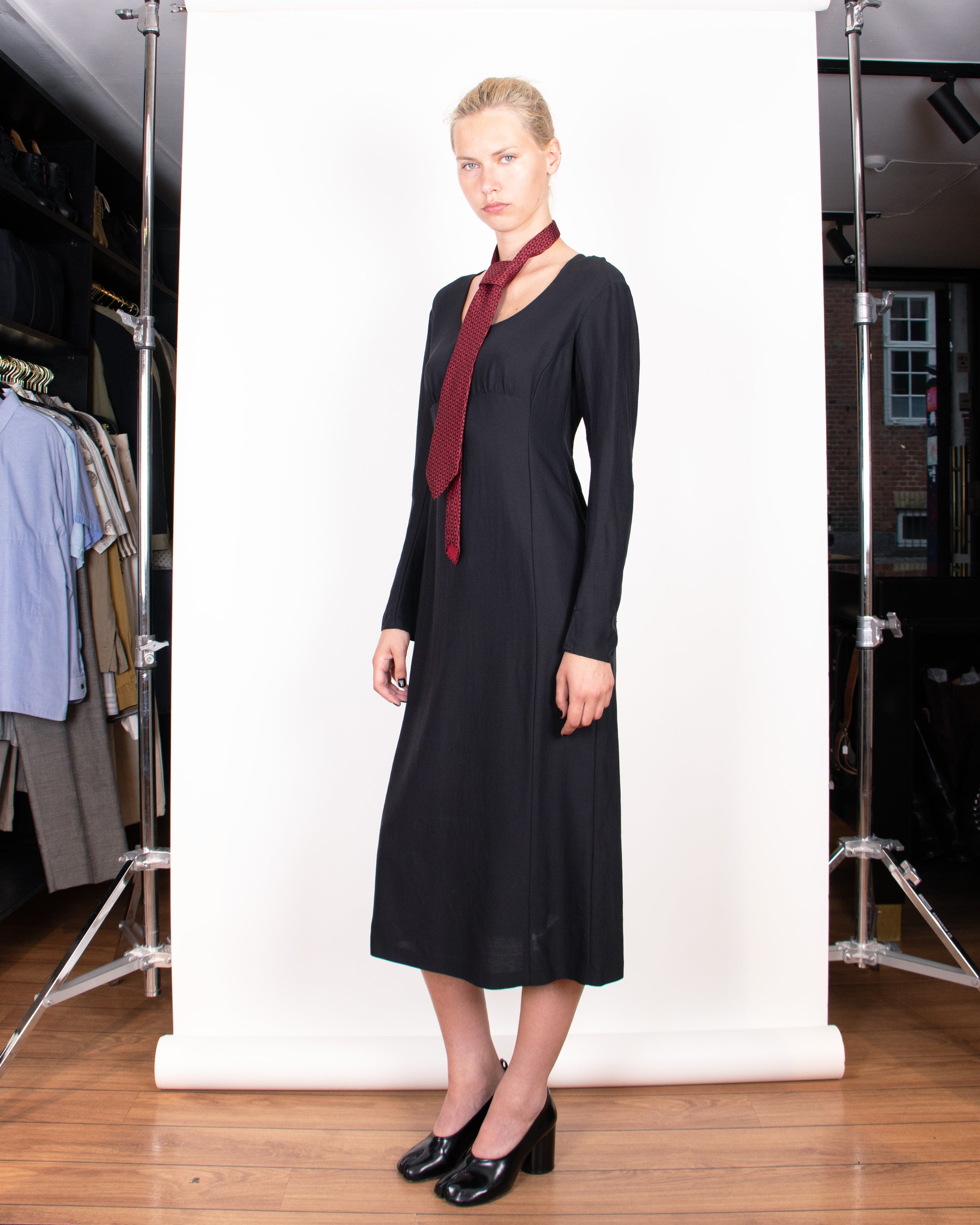 1990s Dries Van Noten Silk and Wool Black Midi Dress M