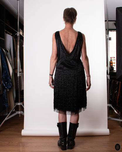 20's Black Fringed Flapper Dress L