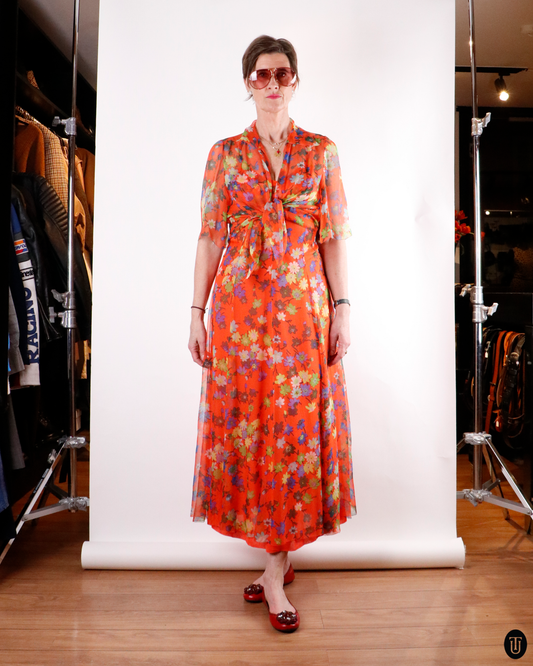 70's Floral Silk Dress With Matching Shirt M