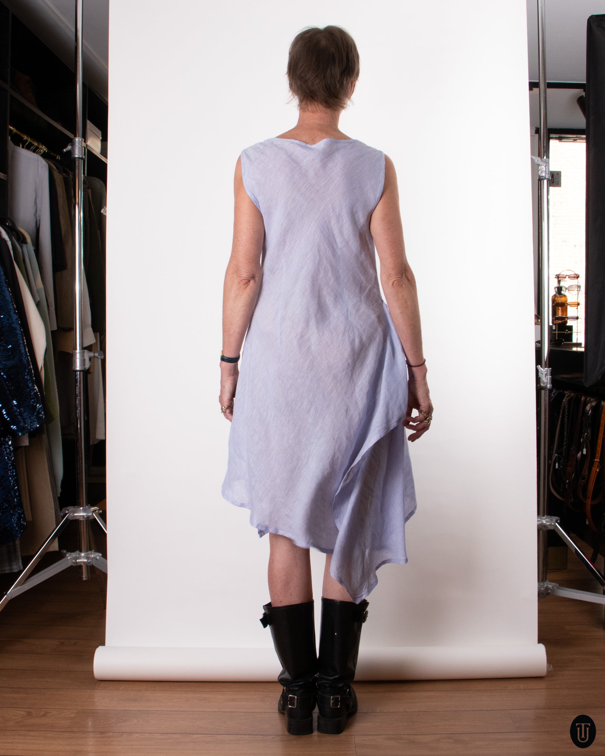90's Blue Linen Cowl Neck Dress M