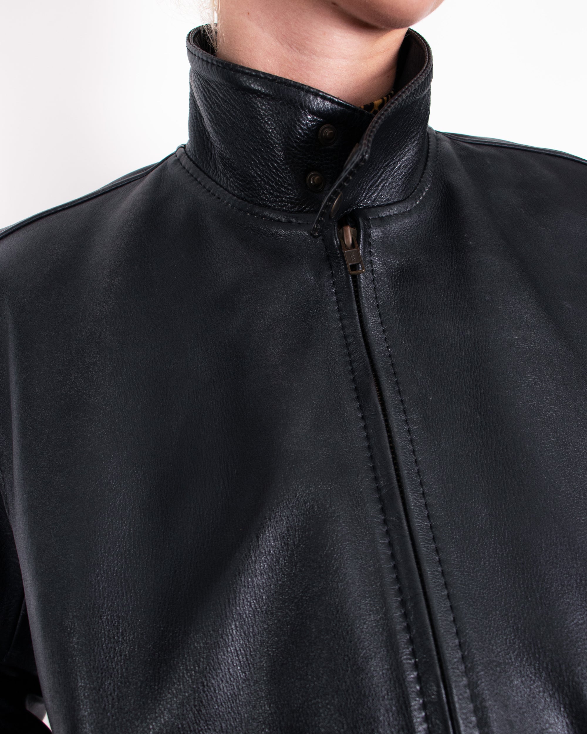 1980s Pair Slope Black Leather Bomber Jacket S