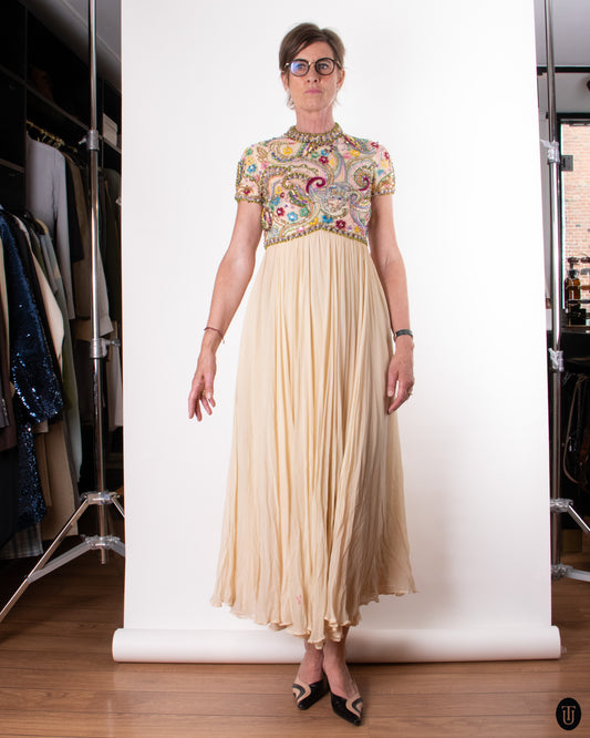 60's Embellished Silk Dress M