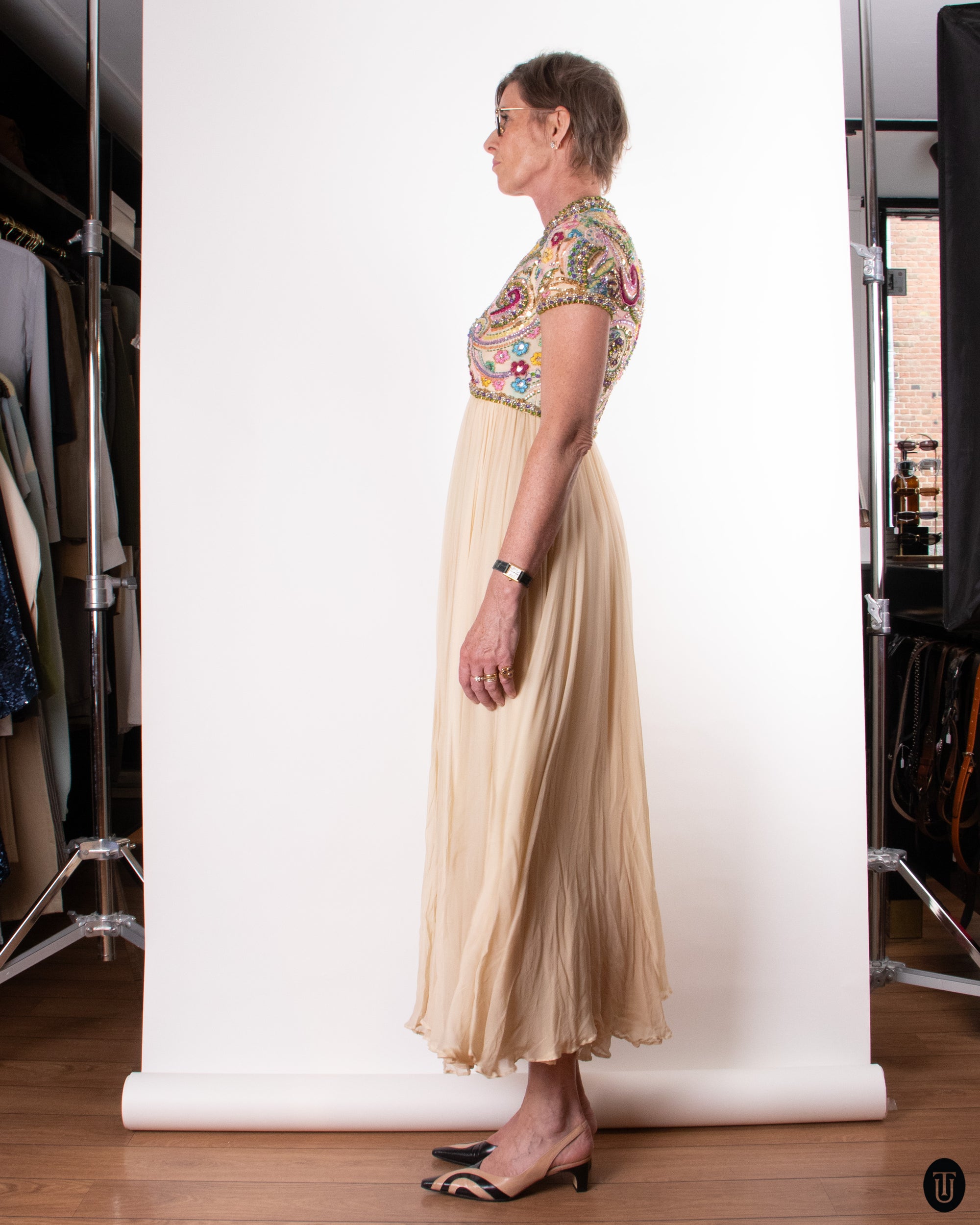 60's Embellished Silk Dress M