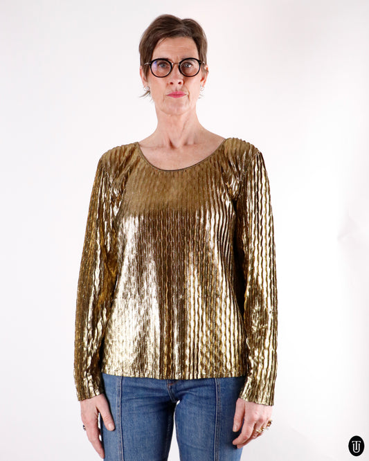 80's Yves Saint Laurent Gold Metallic Pleated Top M