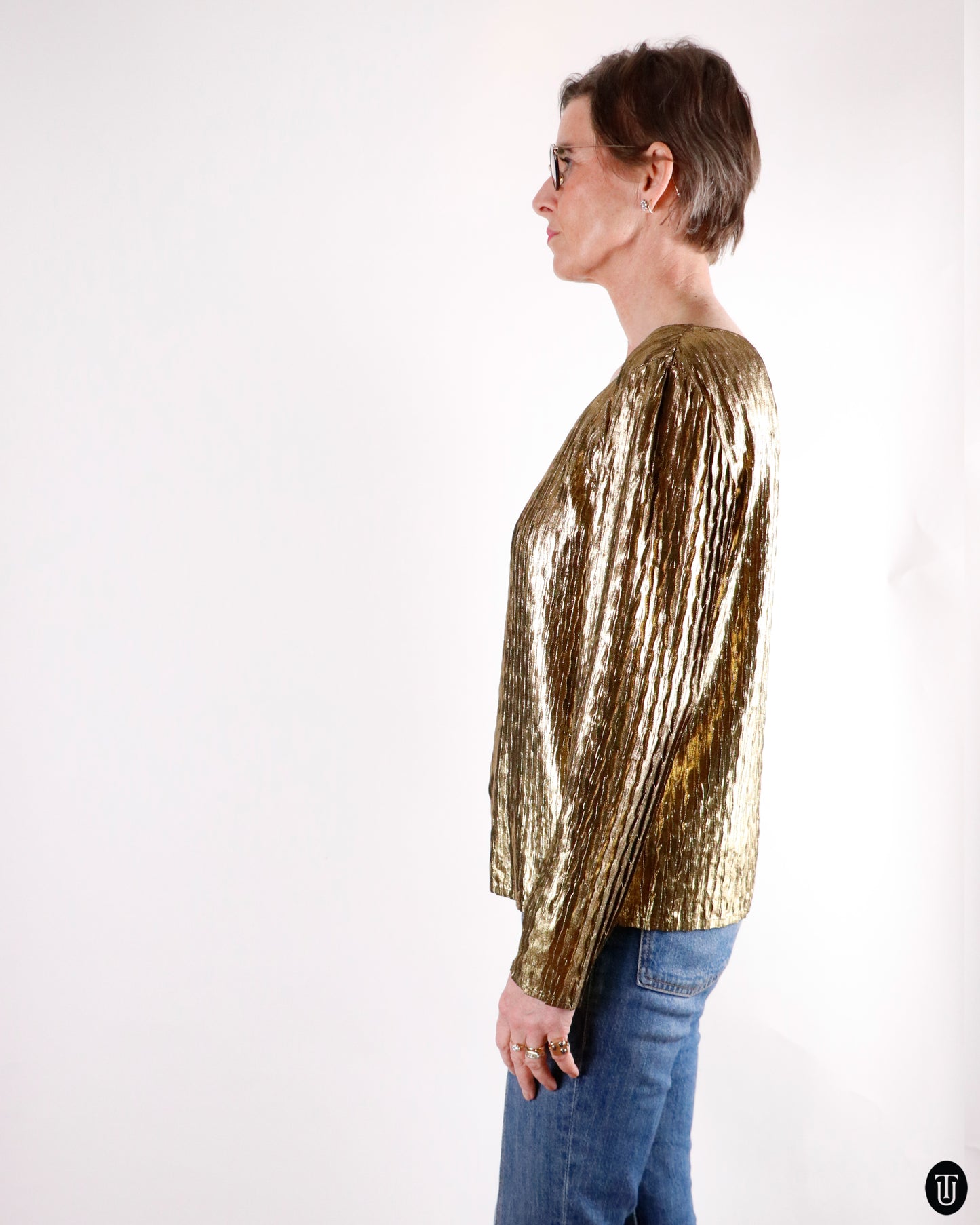 80's Yves Saint Laurent Gold Metallic Pleated Top M