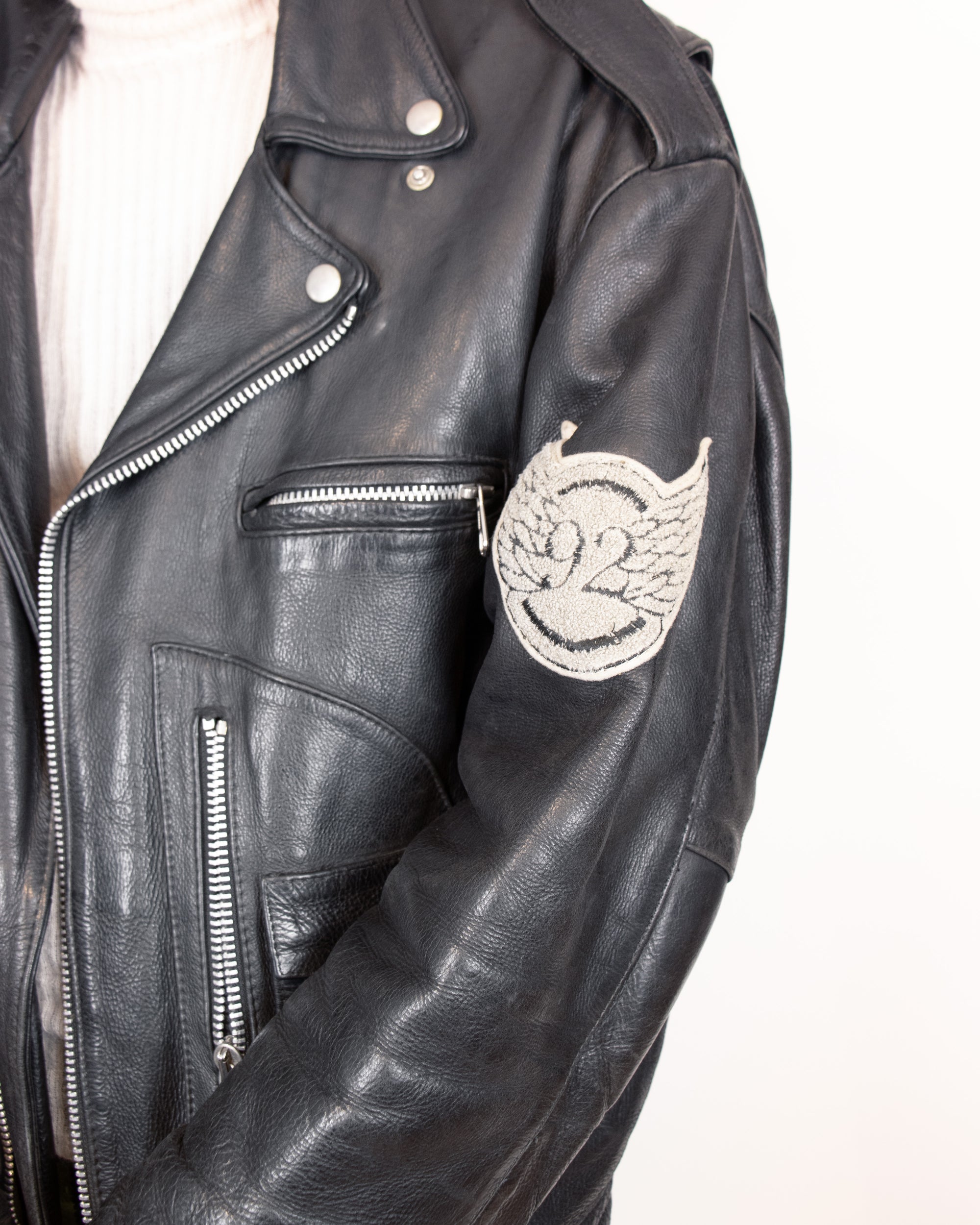 Rare 1969 Men's Black Leather Championship Biker Jacket with '92 US Tour Patches M/L