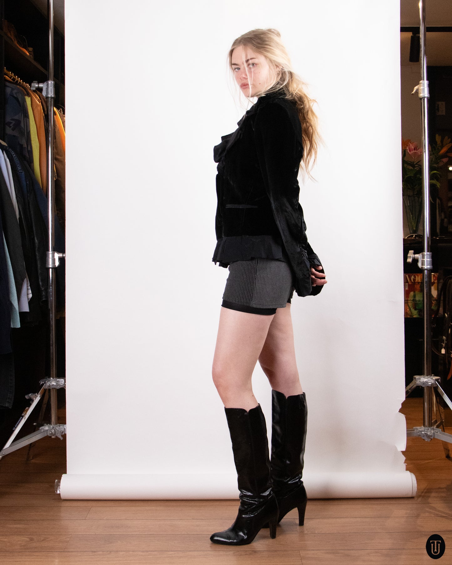 80's Yves Saint Laurent Rive Gauche Velvet Ruffled Blazer L