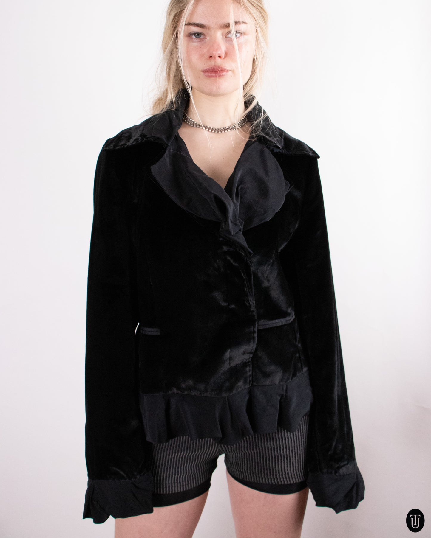 80's Yves Saint Laurent Rive Gauche Velvet Ruffled Blazer L