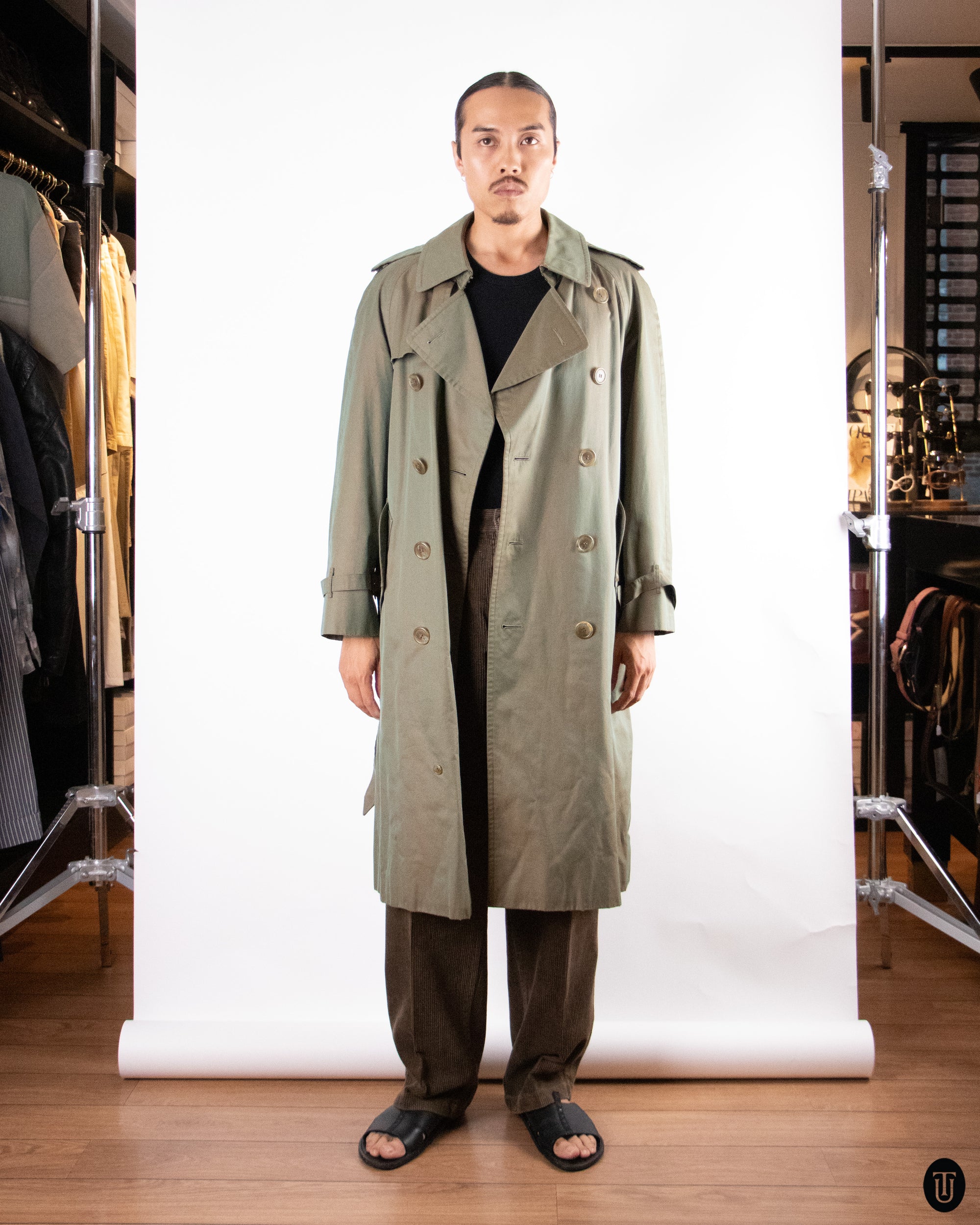 70's Burberry Khaki Sheen Trench Coat S