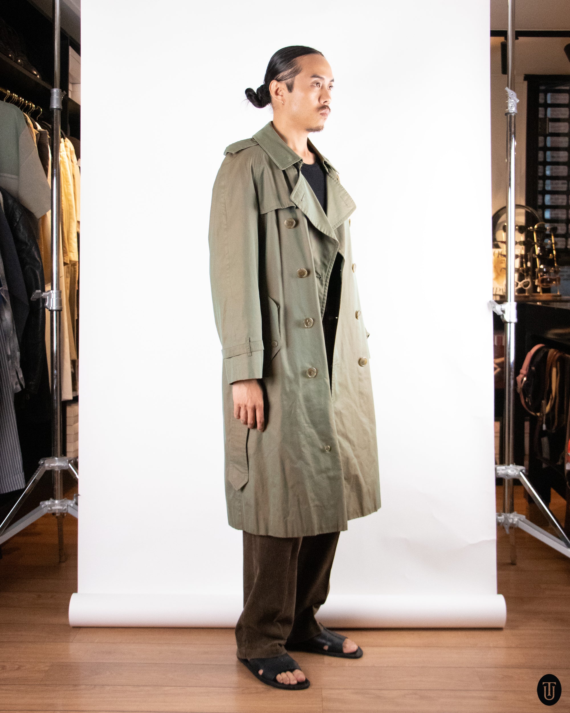 70's Burberry Khaki Sheen Trench Coat S