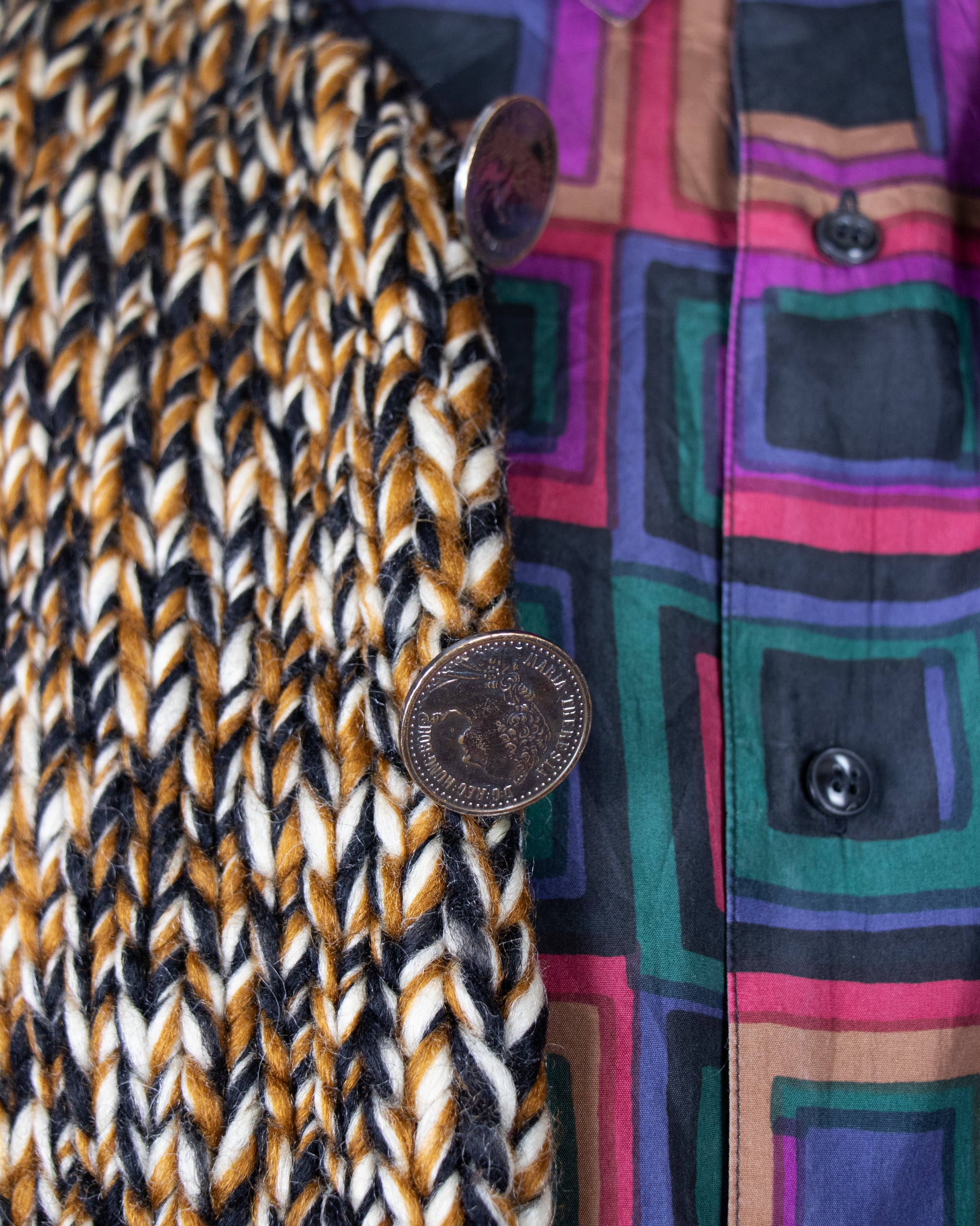 1980s Chunky Home-knitted Cardigan with Coin buttons L