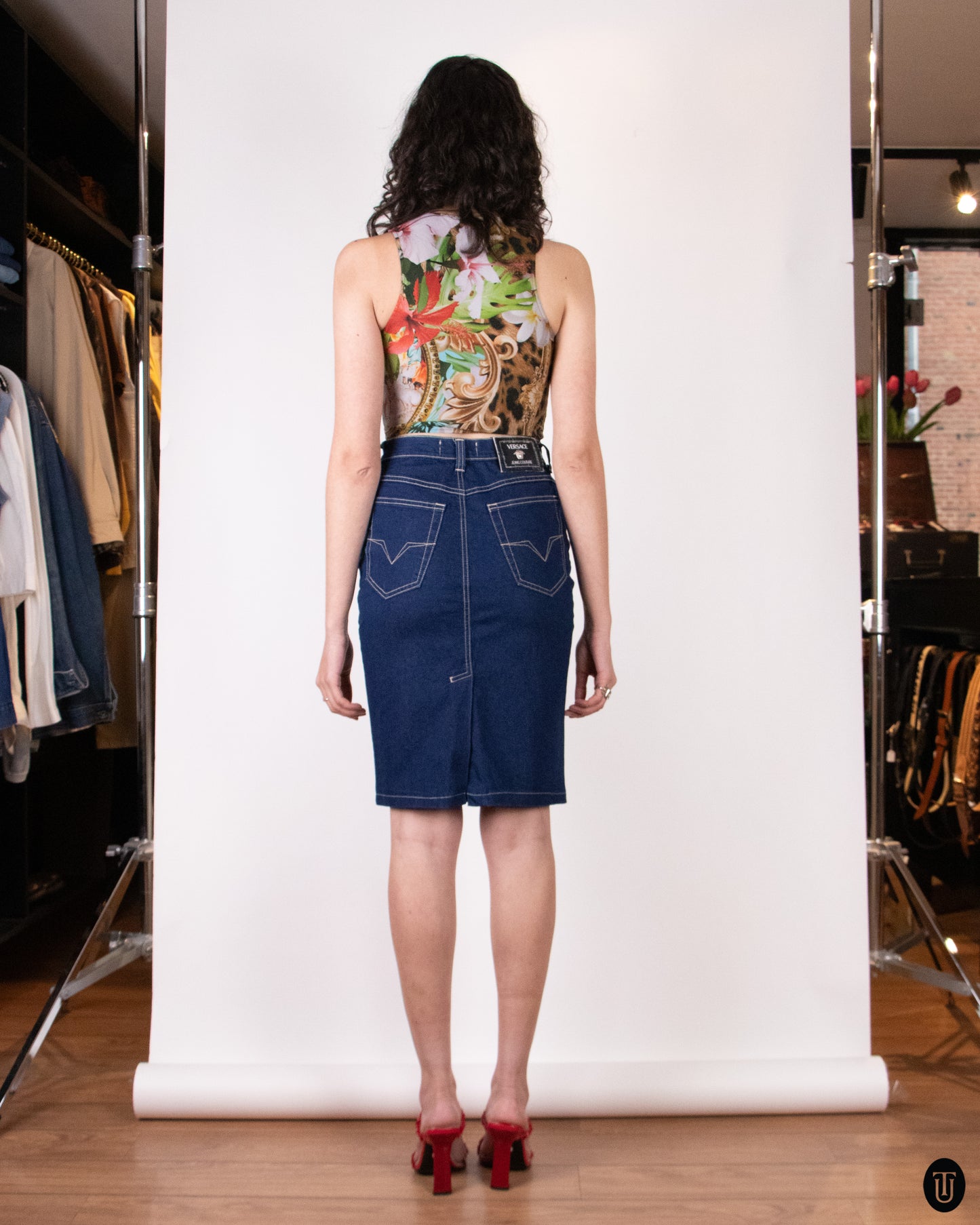 90's Versace "Jeans Couture" Denim Pencil Skirt S