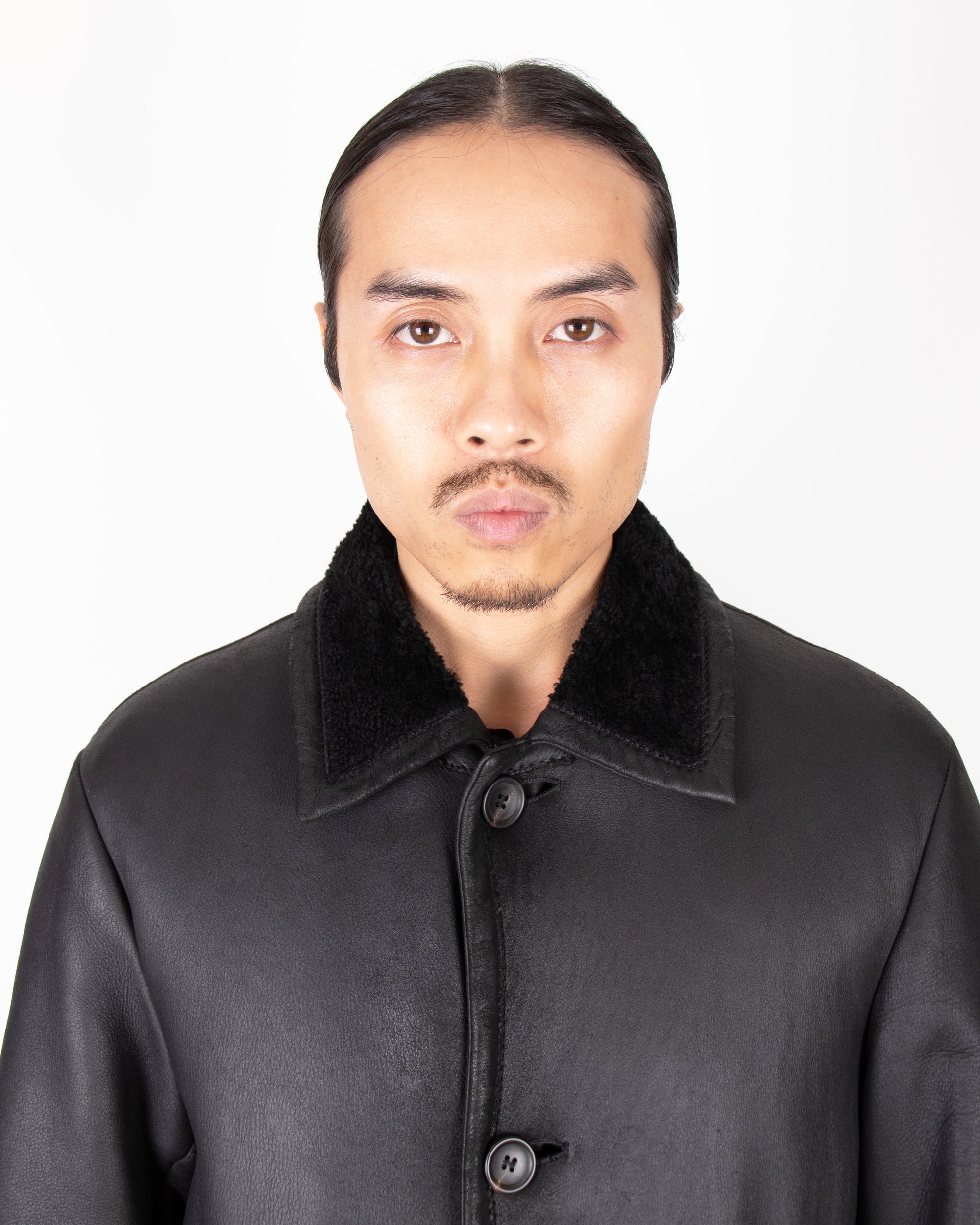 1990s Ruffo Black Shearling Leather Jacket L