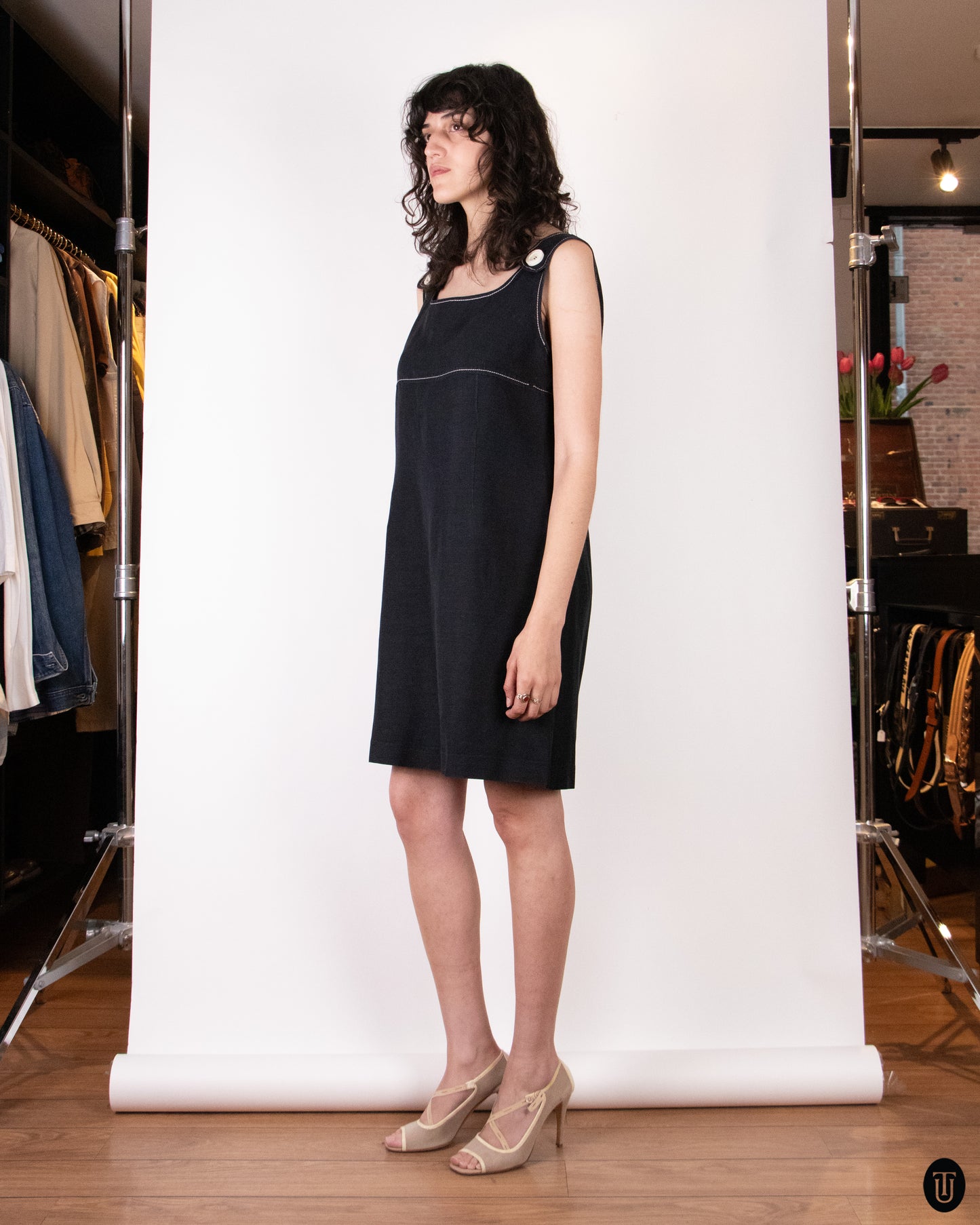 90's Pierre Cardin Black Linen Shift Dress L