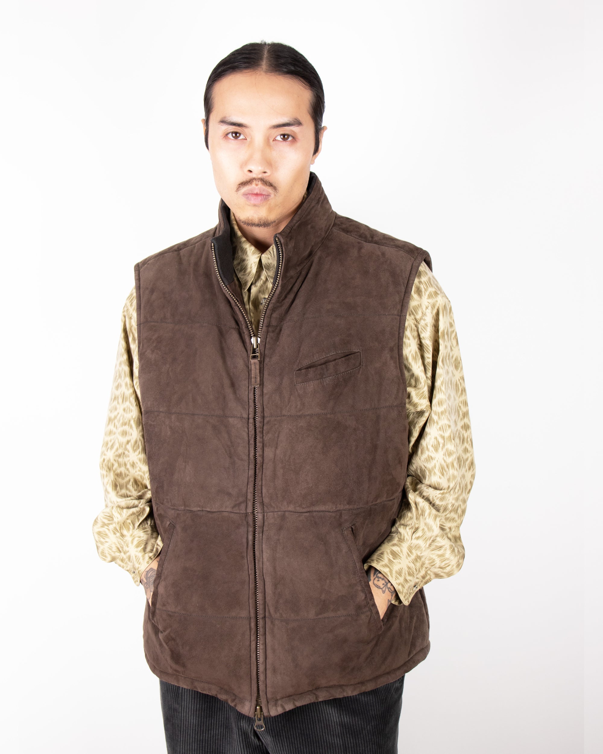 2000s Brown Quilted Suede Hunting Vest XL