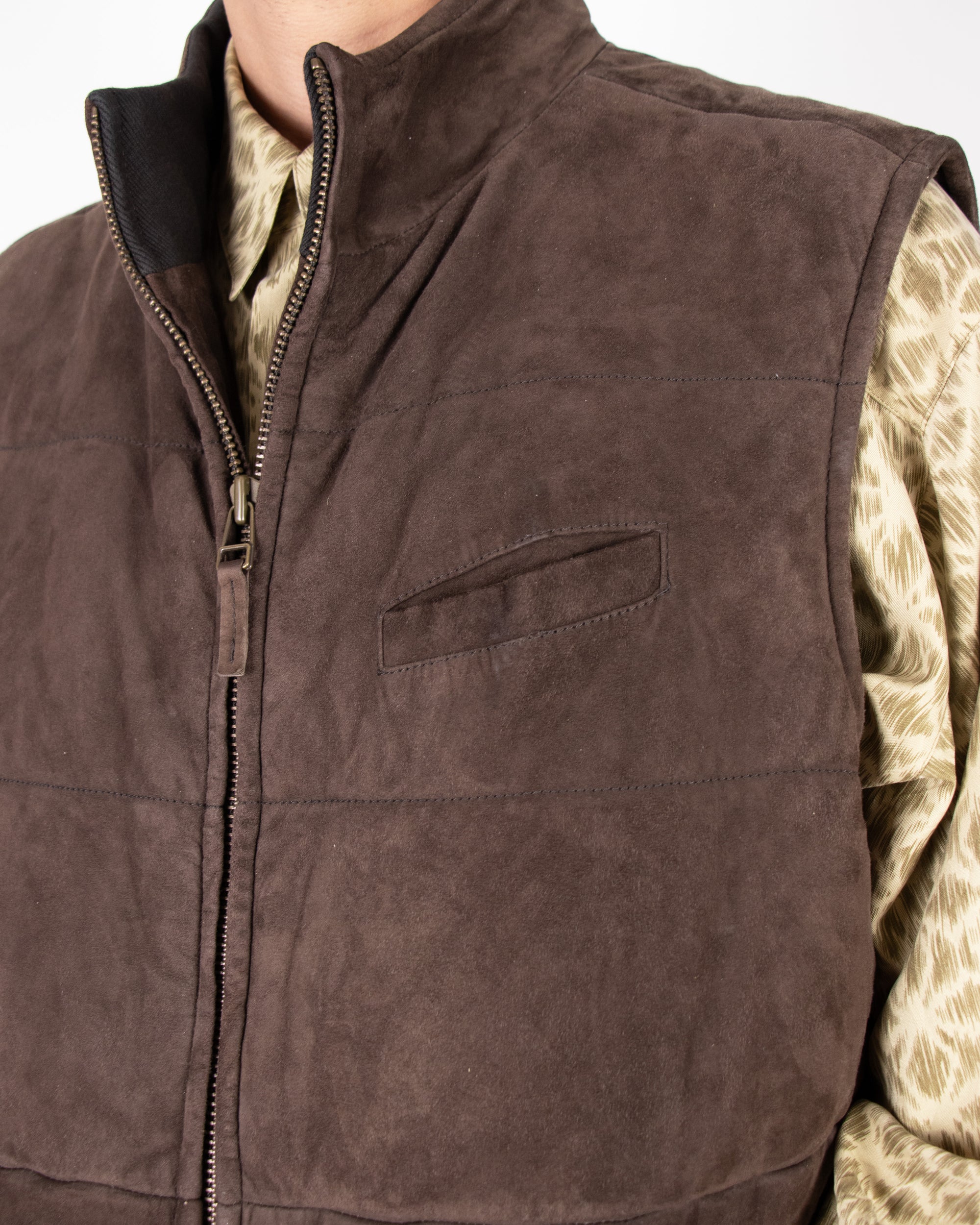 2000s Brown Quilted Suede Hunting Vest XL