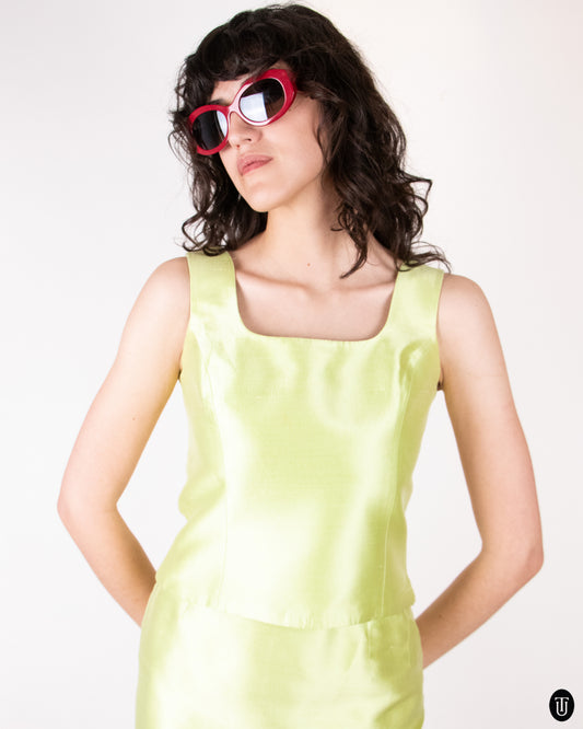 90's Christian Dior Lime Green Silk Skirt Set S