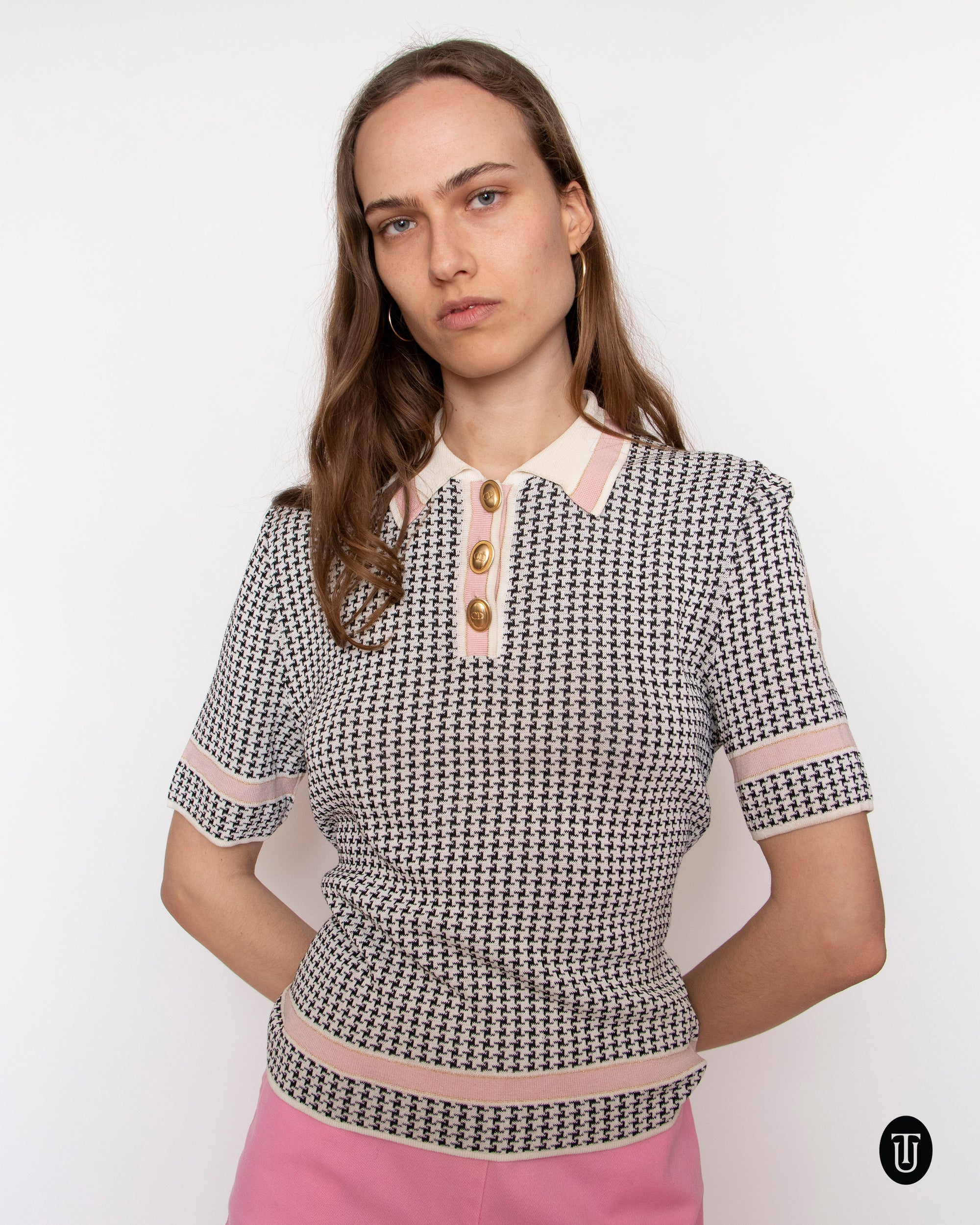1980s Vintage Christian Dior Houndstooth Lurex Knit Polo S