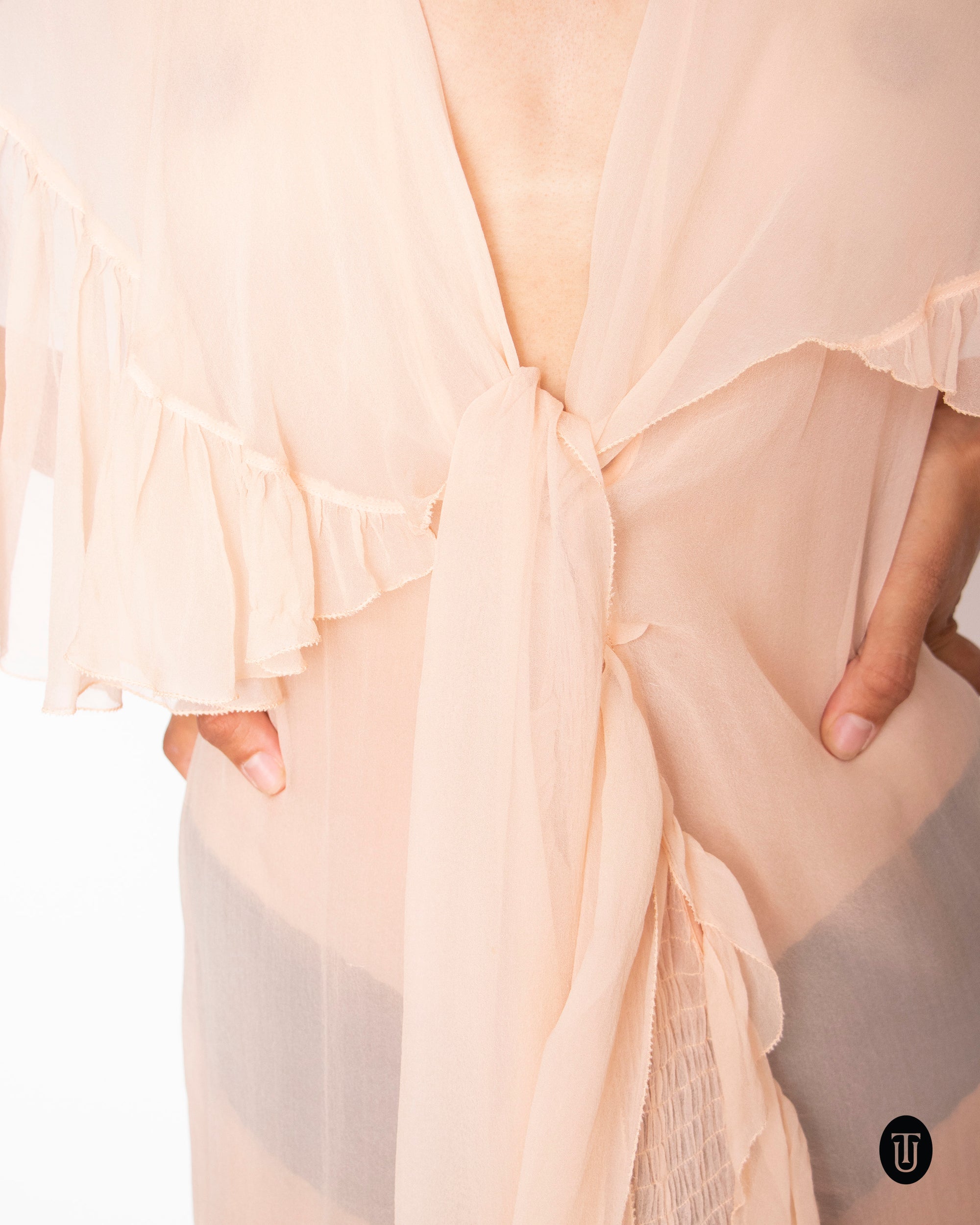 1930s light pink bias cut silk chiffon robe
