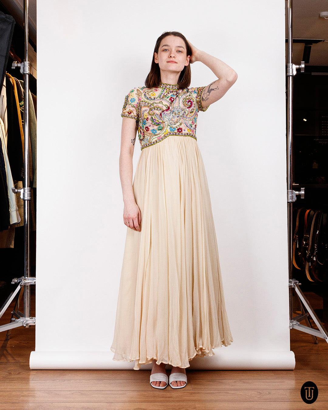 1960s Embellished Silk Maxi Dress S